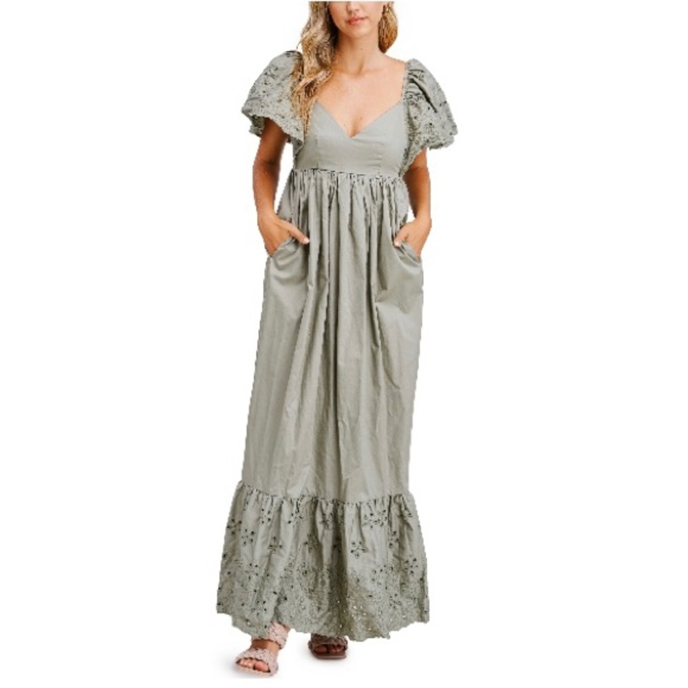 EN SAISON | Eyelet Detail Flutter Sleeve Poplin Maxi Dress